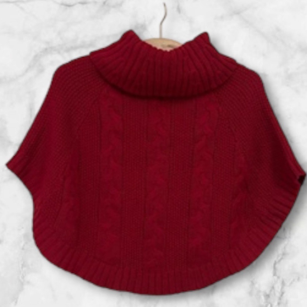 Carter's Girls Kids Red Cable Knit Poncho Turtleneck Button Side Cape Sweater - Picture 4 of 4